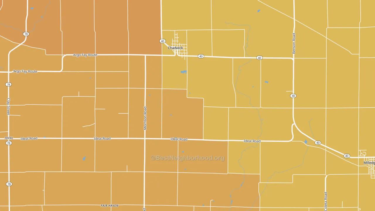 Map of the best neighborhoods in the 61014 area, with better matches in green and worse matches in red