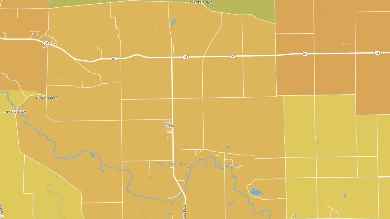 Map of the best neighborhoods in the 61015 area, with better matches in green and worse matches in red