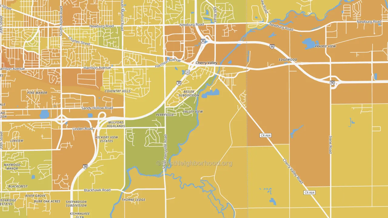 Map of the best neighborhoods in the 61016 area, with better matches in green and worse matches in red