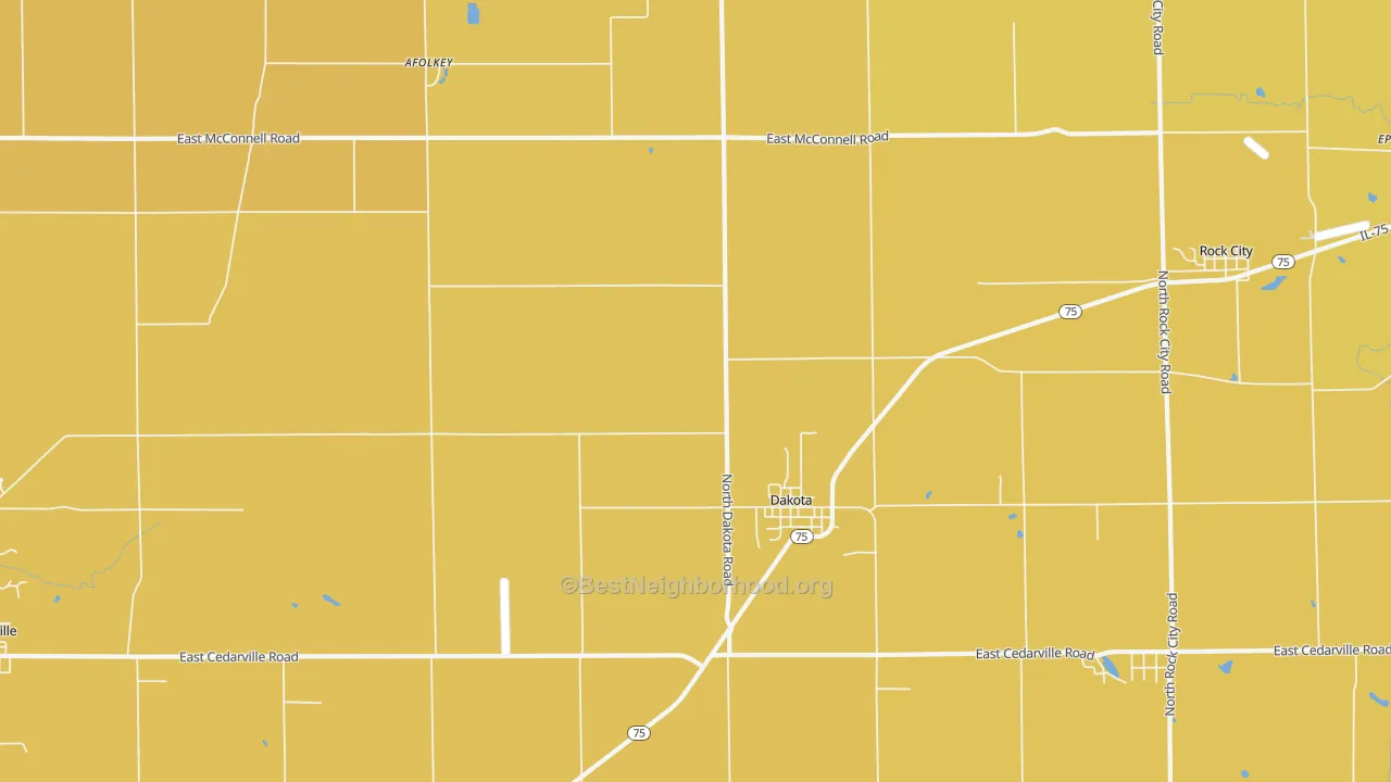 Map of the best neighborhoods in the 61018 area, with better matches in green and worse matches in red