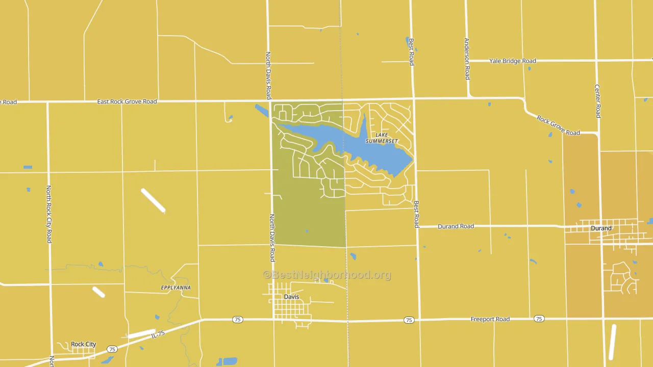 Map of the best neighborhoods in the 61019 area, with better matches in green and worse matches in red