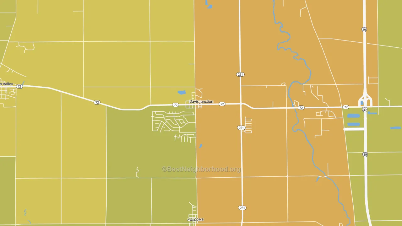 Map of the best neighborhoods in the 61020 area, with better matches in green and worse matches in red