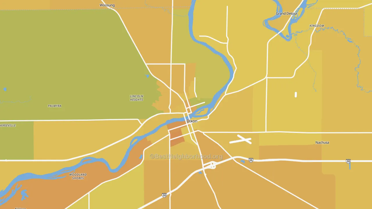 Map of the best neighborhoods in the 61021 area, with better matches in green and worse matches in red