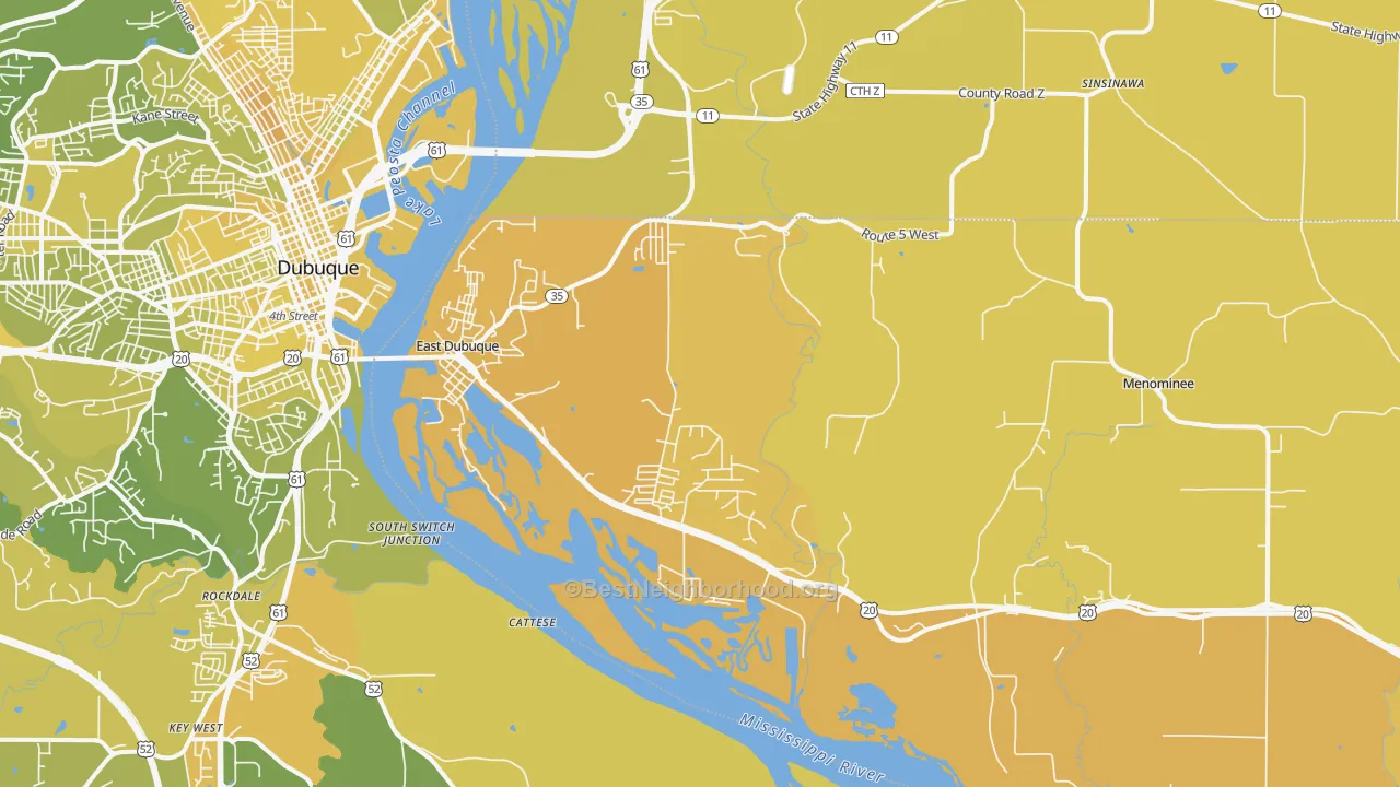 Map of the best neighborhoods in the 61025 area, with better matches in green and worse matches in red