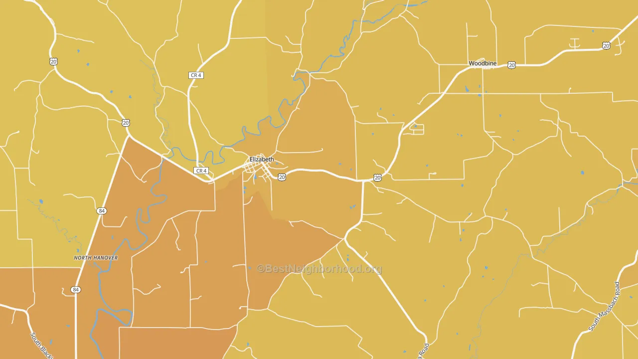 Map of the best neighborhoods in the 61028 area, with better matches in green and worse matches in red