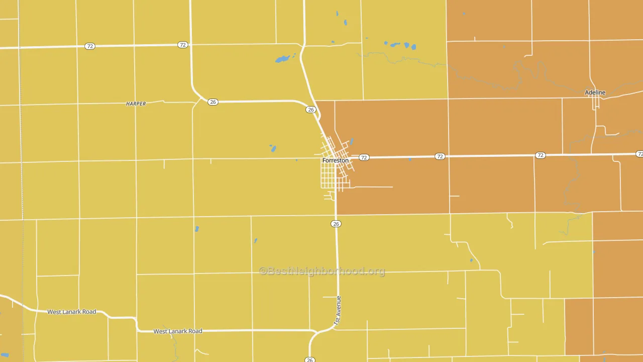 Map of the best neighborhoods in the 61030 area, with better matches in green and worse matches in red
