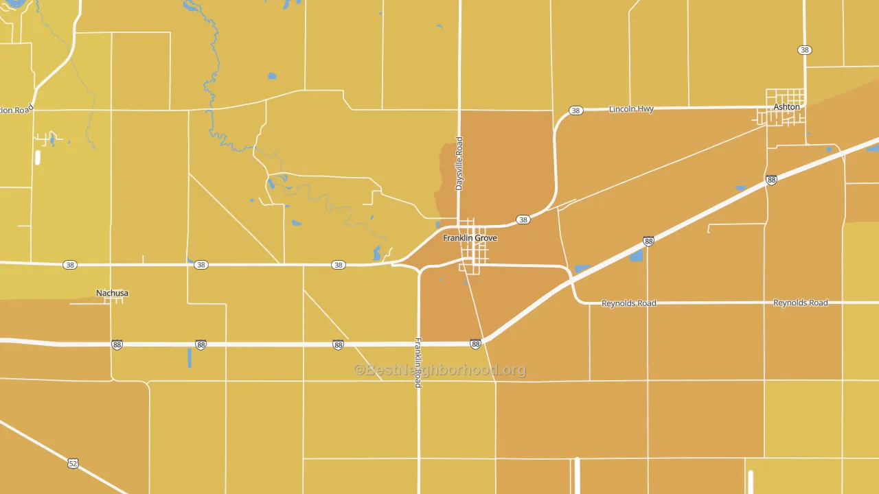 Map of the best neighborhoods in the 61031 area, with better matches in green and worse matches in red