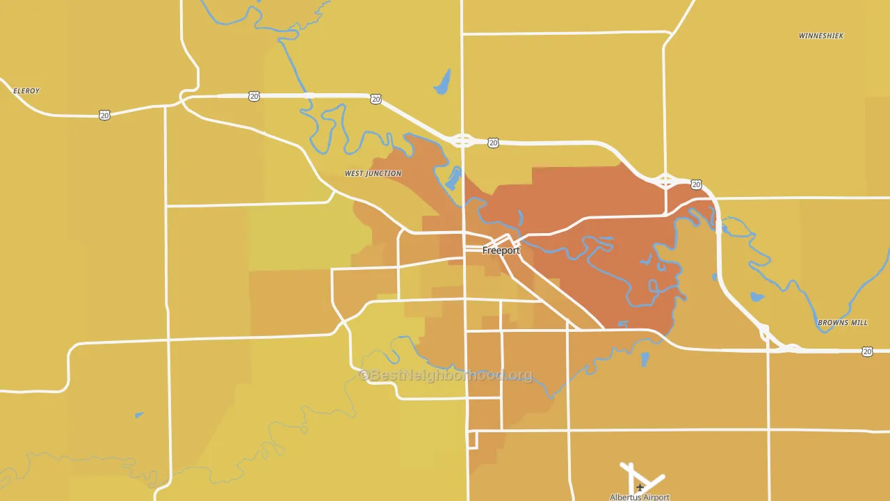 Map of the best neighborhoods in the 61032 area, with better matches in green and worse matches in red