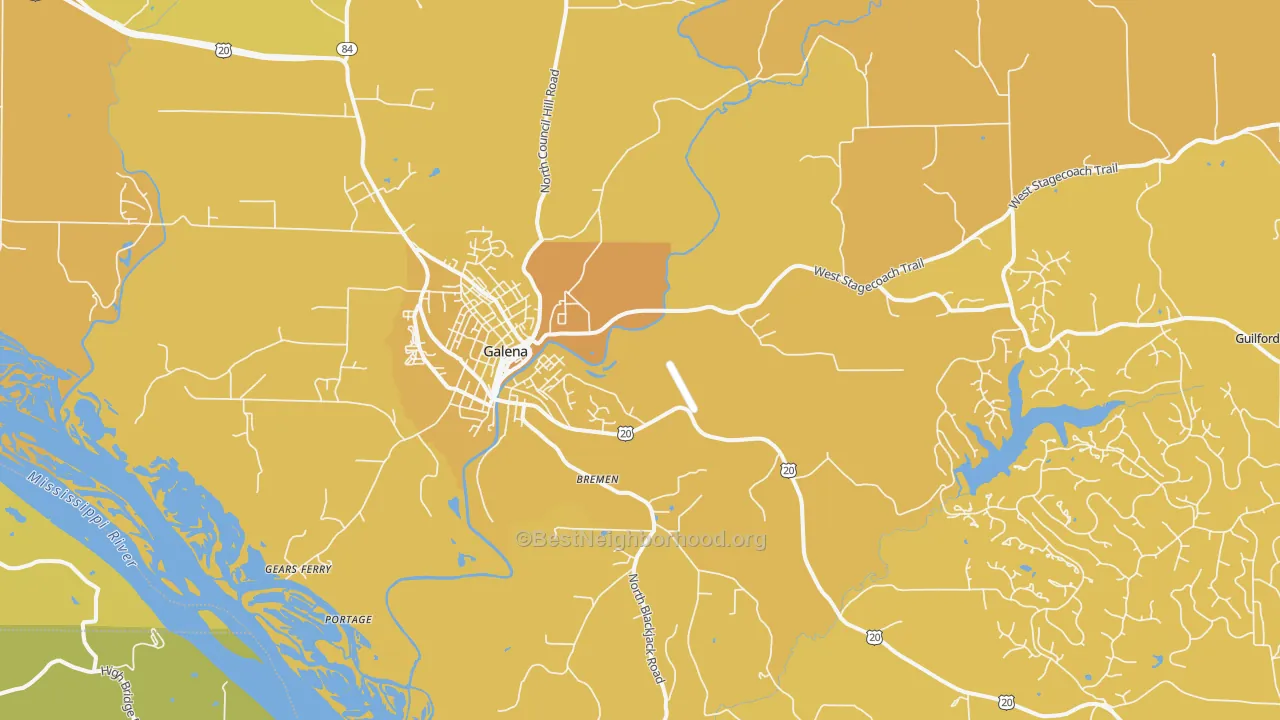 Map of the best neighborhoods in the 61036 area, with better matches in green and worse matches in red