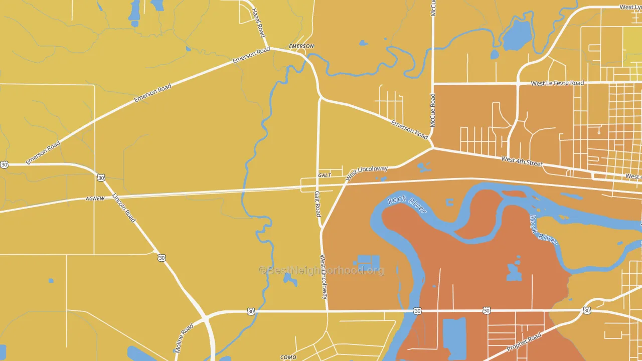 Map of the best neighborhoods in the 61037 area, with better matches in green and worse matches in red
