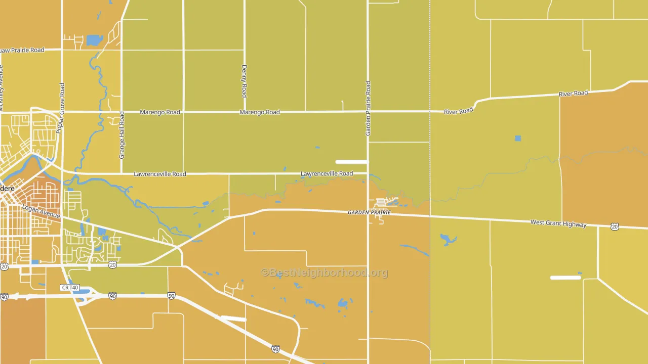 Map of the best neighborhoods in the 61038 area, with better matches in green and worse matches in red