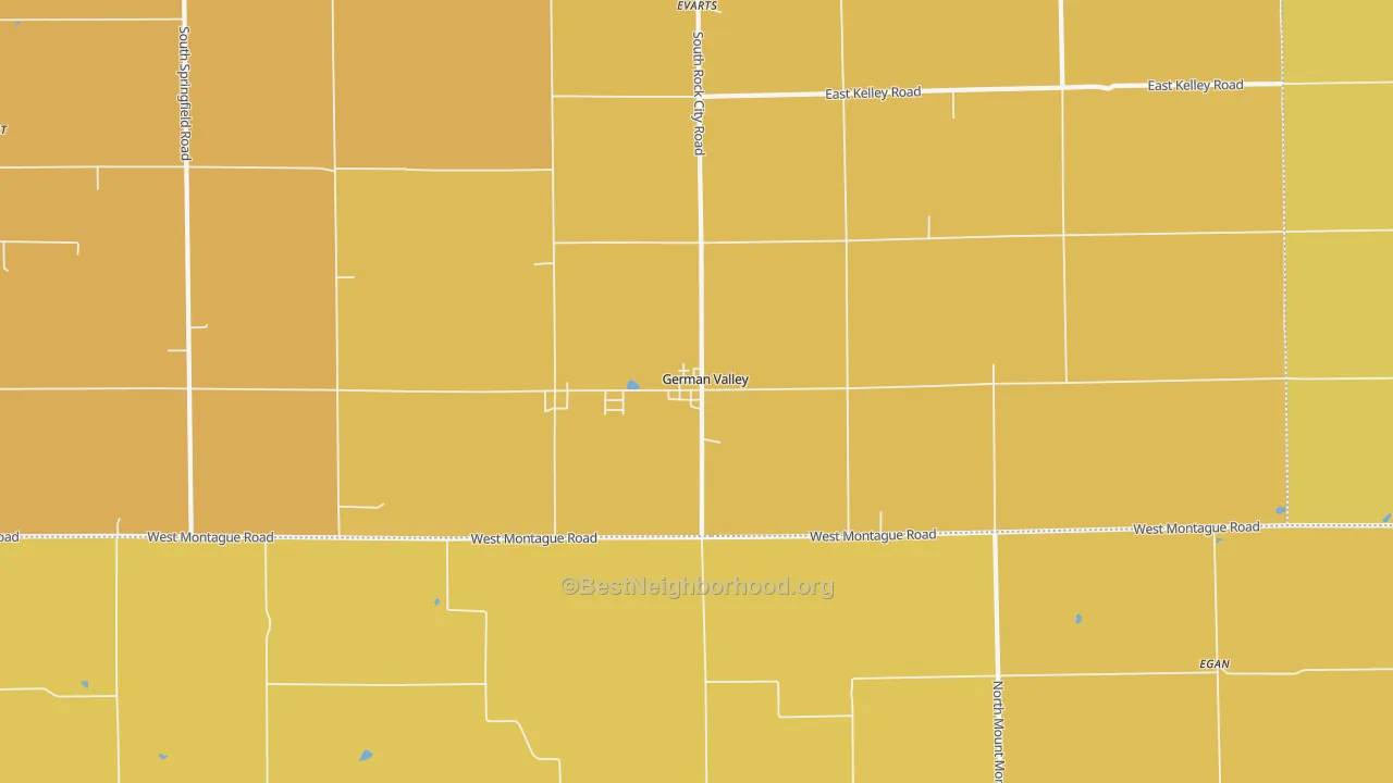 Map of the best neighborhoods in the 61039 area, with better matches in green and worse matches in red