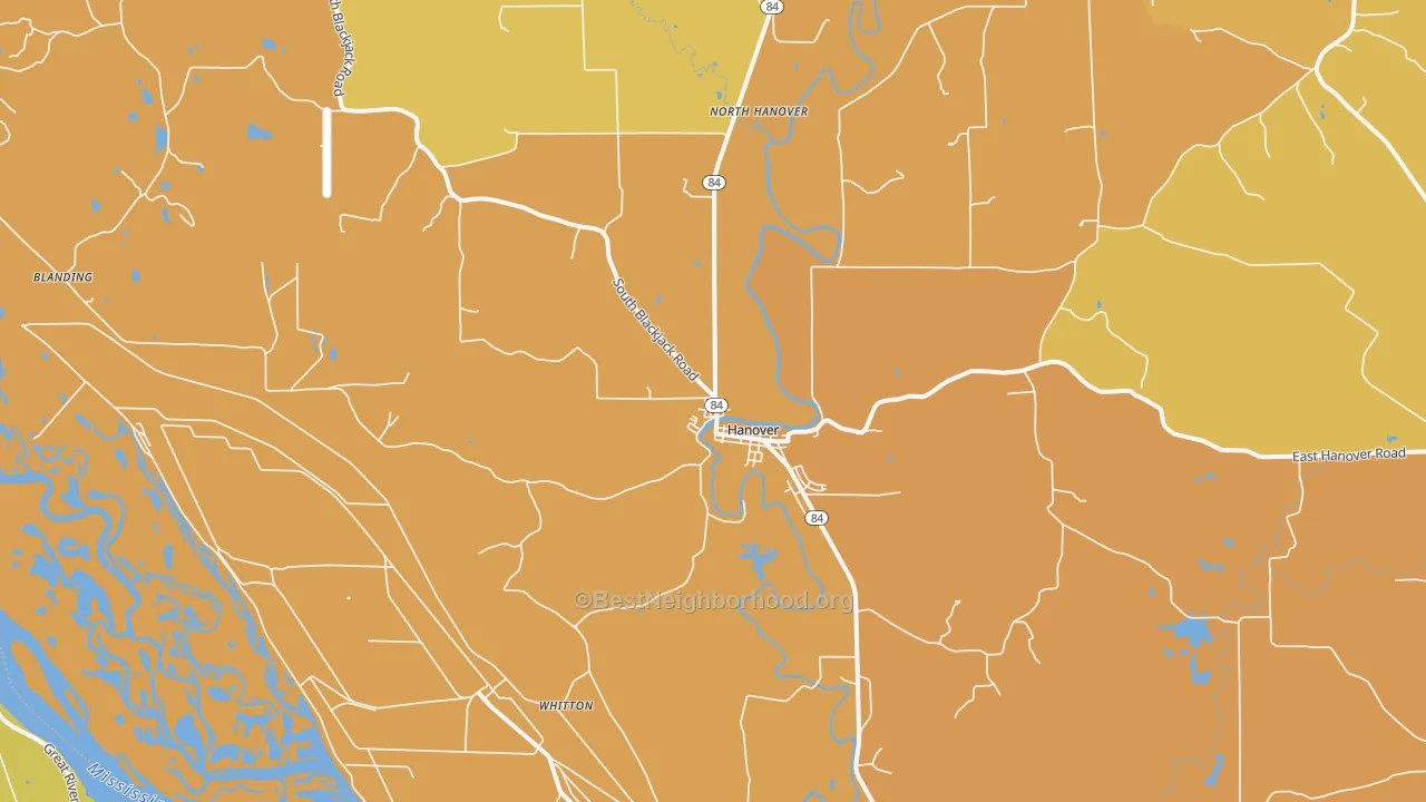 Map of the best neighborhoods in the 61041 area, with better matches in green and worse matches in red