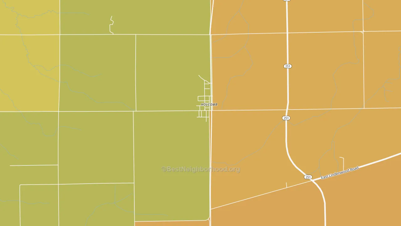 Map of the best neighborhoods in the 61043 area, with better matches in green and worse matches in red