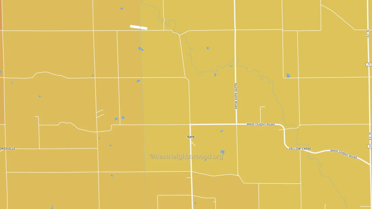 Map of the best neighborhoods in the 61044 area, with better matches in green and worse matches in red