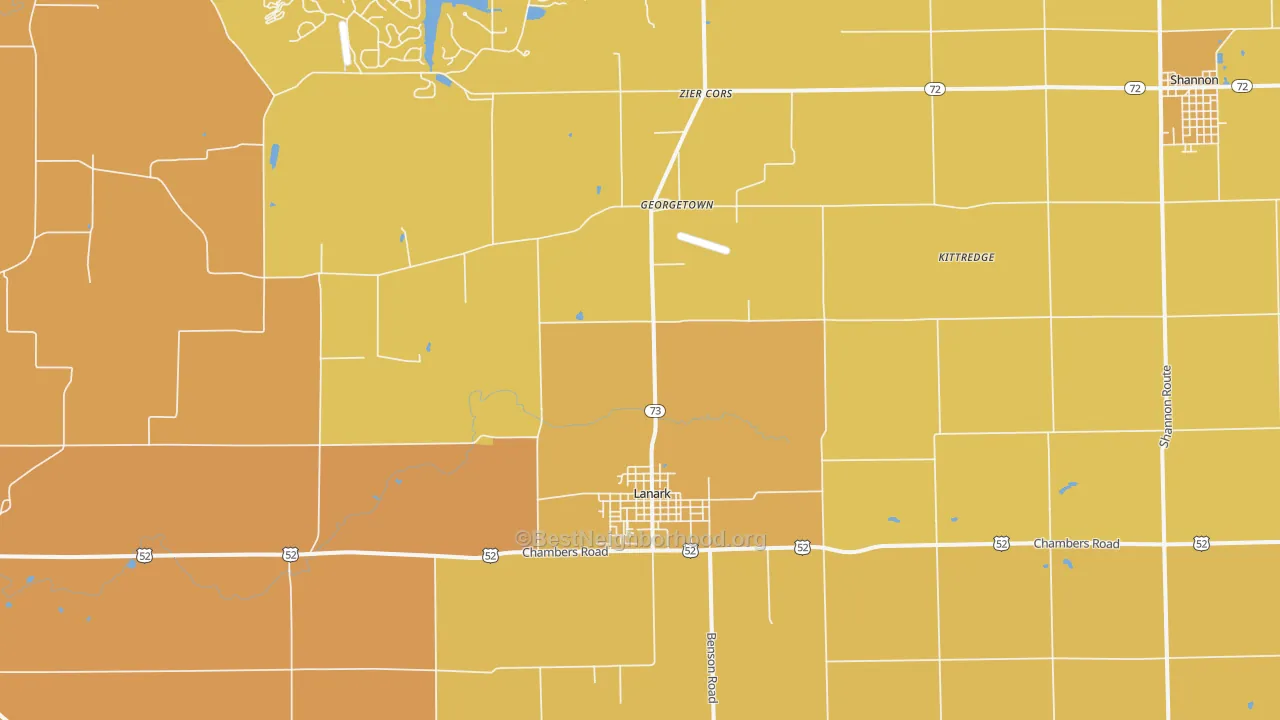 Map of the best neighborhoods in the 61046 area, with better matches in green and worse matches in red