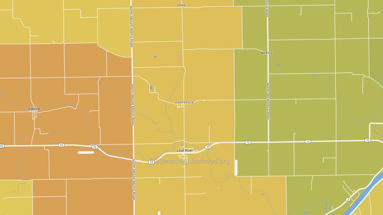 Map of the best neighborhoods in the 61047 area, with better matches in green and worse matches in red