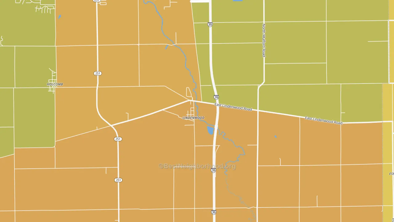 Map of the best neighborhoods in the 61049 area, with better matches in green and worse matches in red