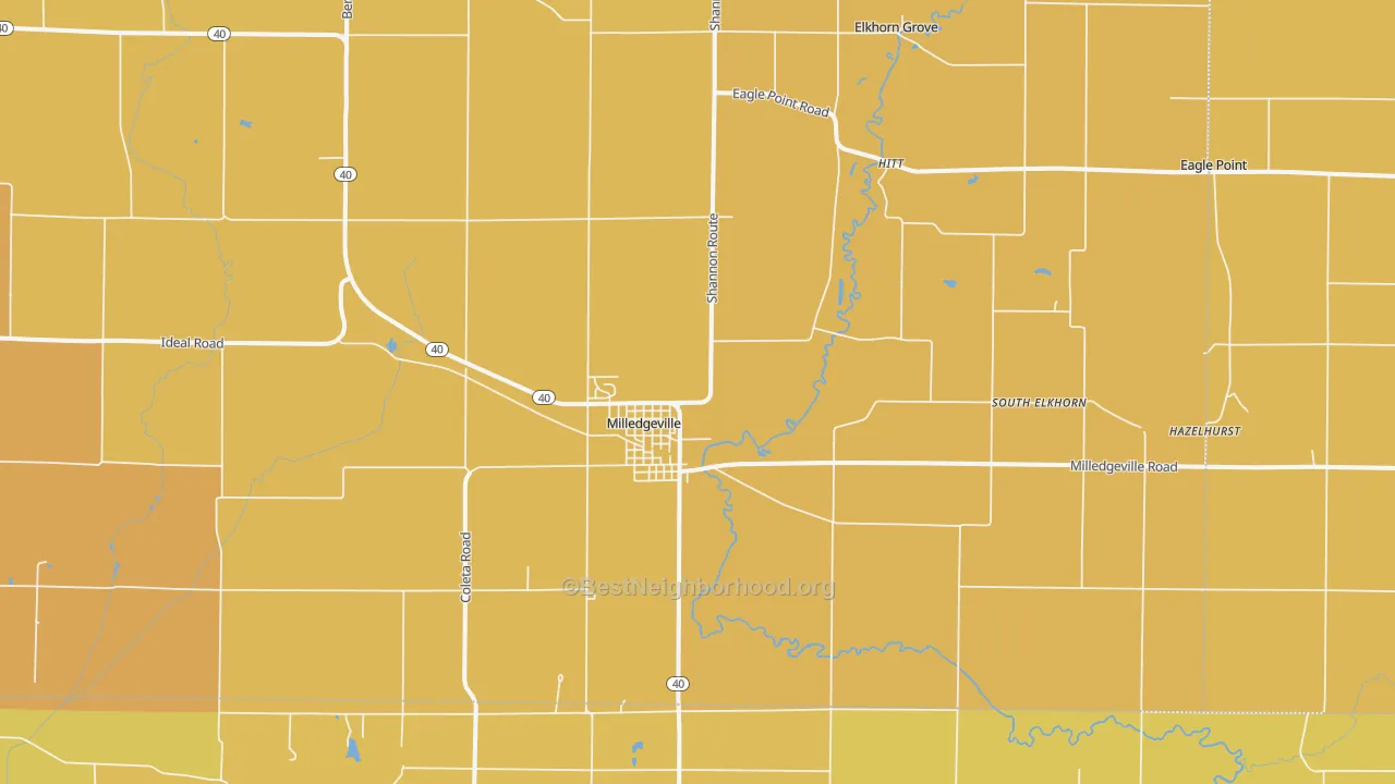 Map of the best neighborhoods in the 61051 area, with better matches in green and worse matches in red
