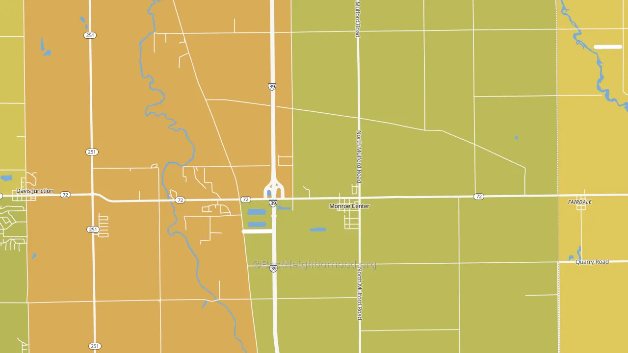 Map of the best neighborhoods in the 61052 area, with better matches in green and worse matches in red