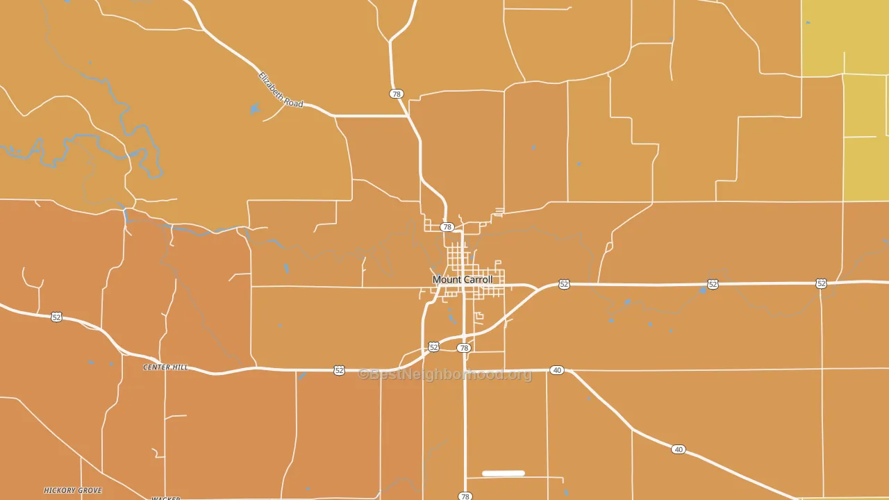 Map of the best neighborhoods in the 61053 area, with better matches in green and worse matches in red