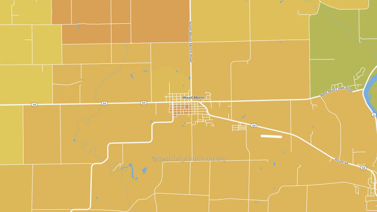 Map of the best neighborhoods in the 61054 area, with better matches in green and worse matches in red