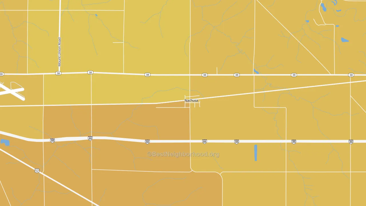 Map of the best neighborhoods in the 61057 area, with better matches in green and worse matches in red