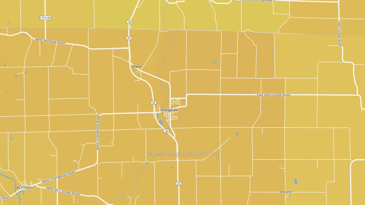 Map of the best neighborhoods in the 61060 area, with better matches in green and worse matches in red