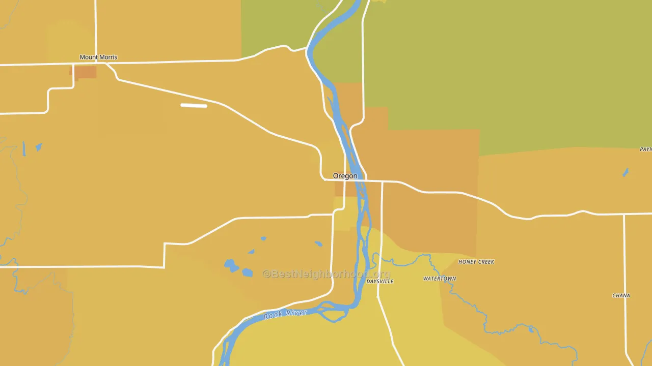 Map of the best neighborhoods in the 61061 area, with better matches in green and worse matches in red