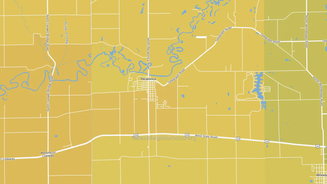 Map of the best neighborhoods in the 61063 area, with better matches in green and worse matches in red