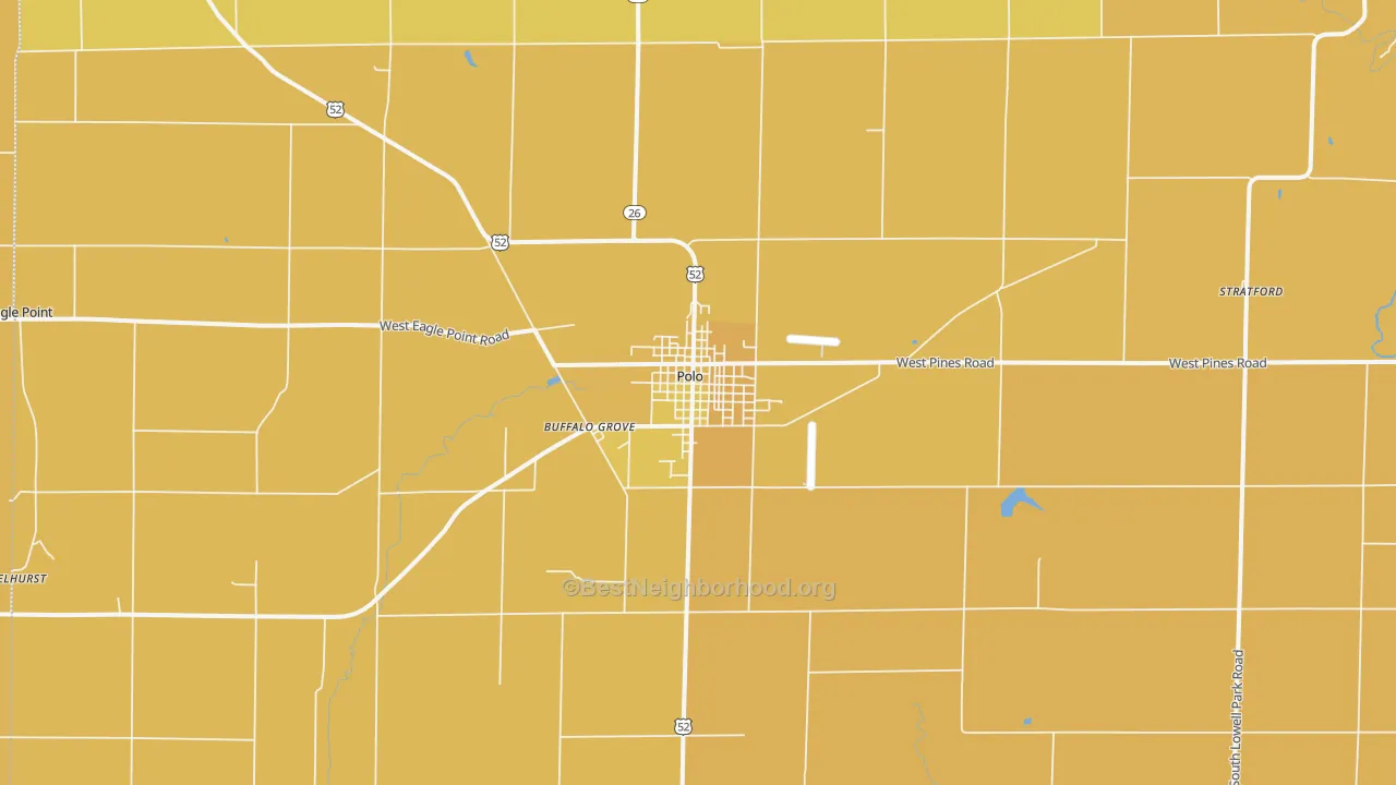 Map of the best neighborhoods in the 61064 area, with better matches in green and worse matches in red