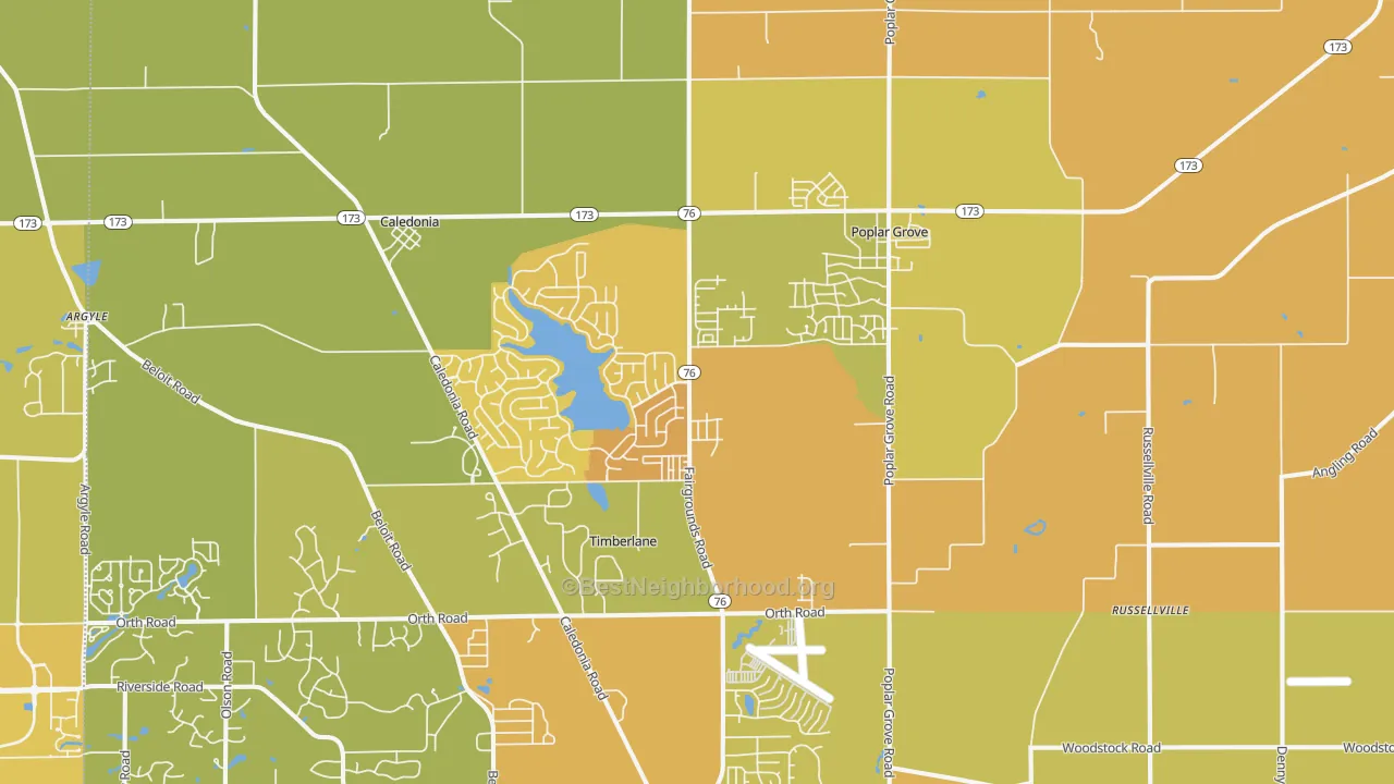 Map of the best neighborhoods in the 61065 area, with better matches in green and worse matches in red