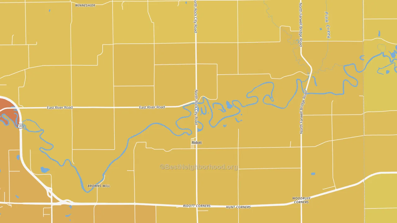 Map of the best neighborhoods in the 61067 area, with better matches in green and worse matches in red