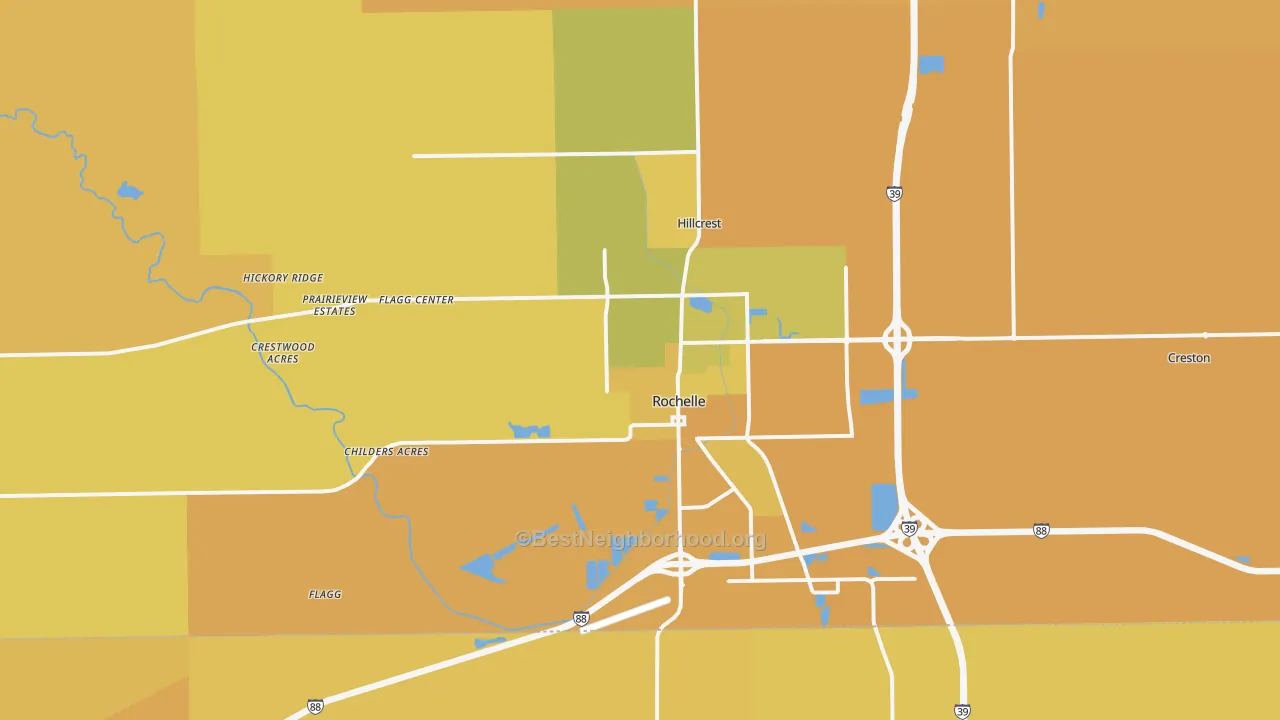 Map of the best neighborhoods in the 61068 area, with better matches in green and worse matches in red