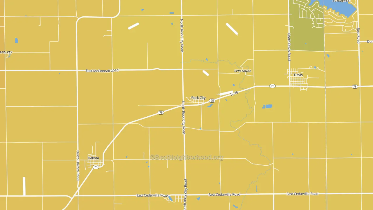 Map of the best neighborhoods in the 61070 area, with better matches in green and worse matches in red