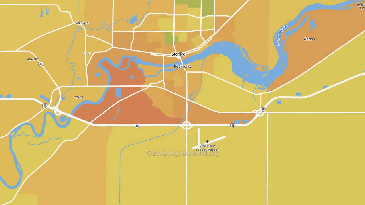 Map of the best neighborhoods in the 61071 area, with better matches in green and worse matches in red