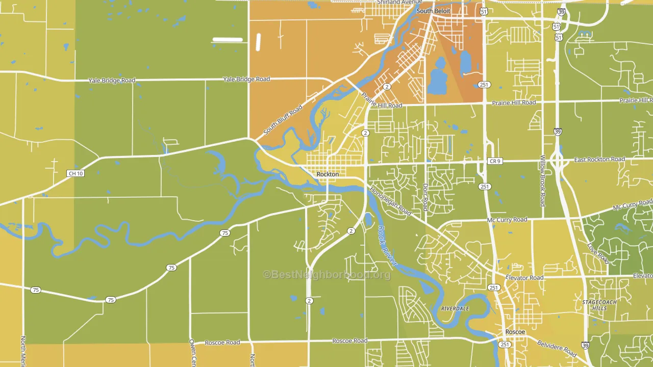 Map of the best neighborhoods in the 61072 area, with better matches in green and worse matches in red