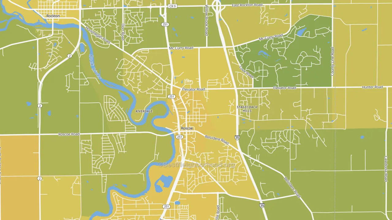 Map of the best neighborhoods in the 61073 area, with better matches in green and worse matches in red