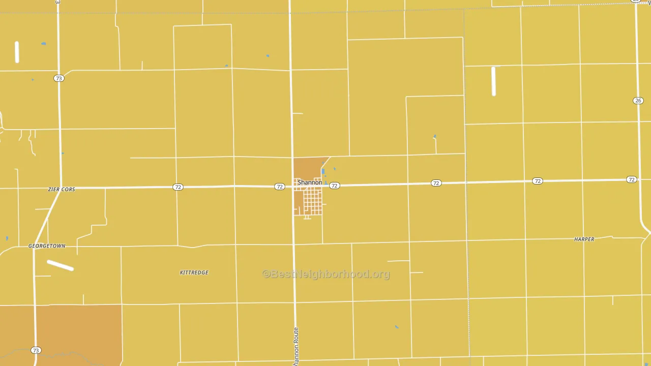 Map of the best neighborhoods in the 61078 area, with better matches in green and worse matches in red