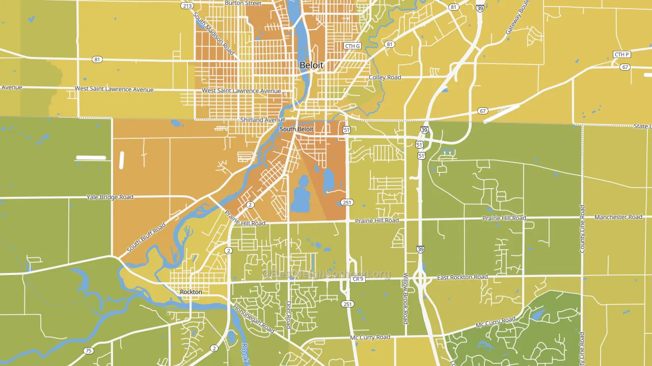 Map of the best neighborhoods in the 61080 area, with better matches in green and worse matches in red