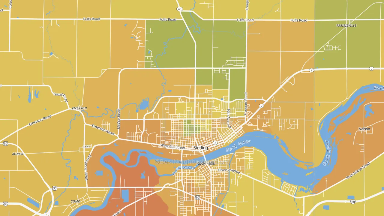 Map of the best neighborhoods in the 61081 area, with better matches in green and worse matches in red