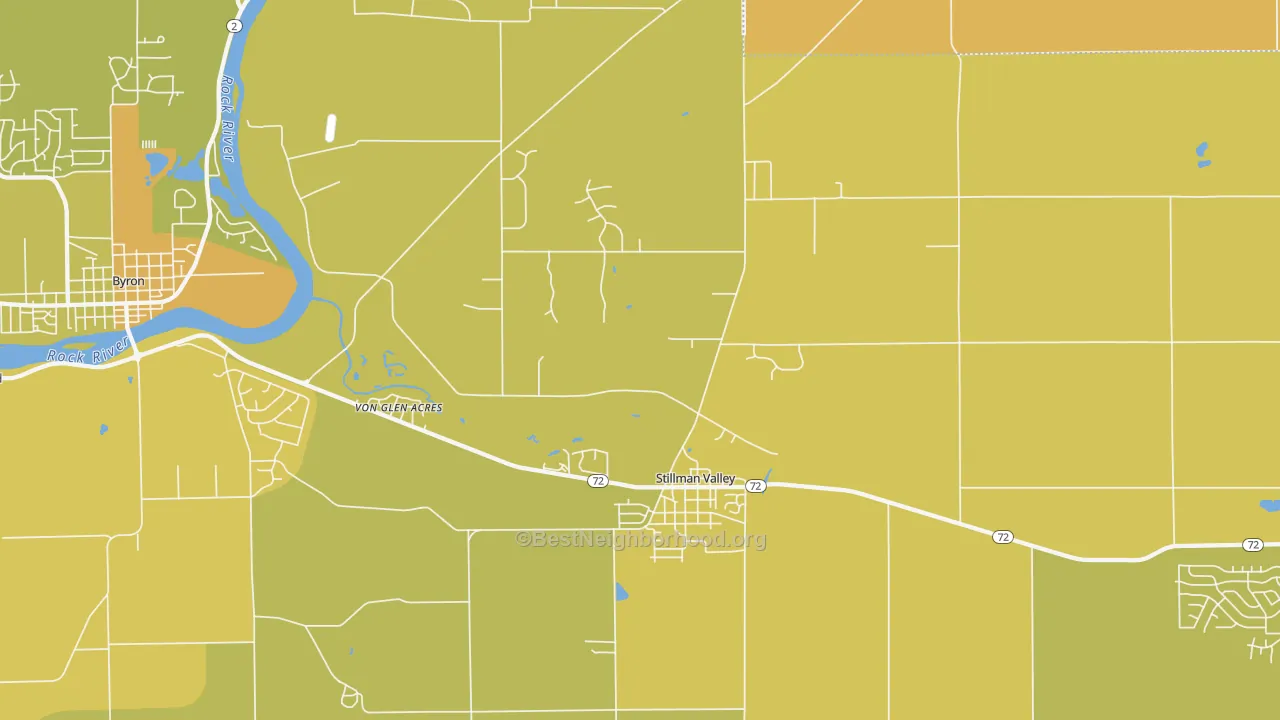 Map of the best neighborhoods in the 61084 area, with better matches in green and worse matches in red