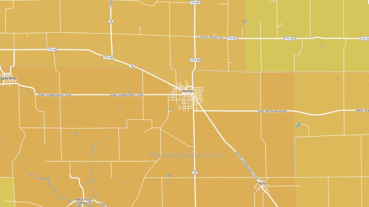 Map of the best neighborhoods in the 61087 area, with better matches in green and worse matches in red