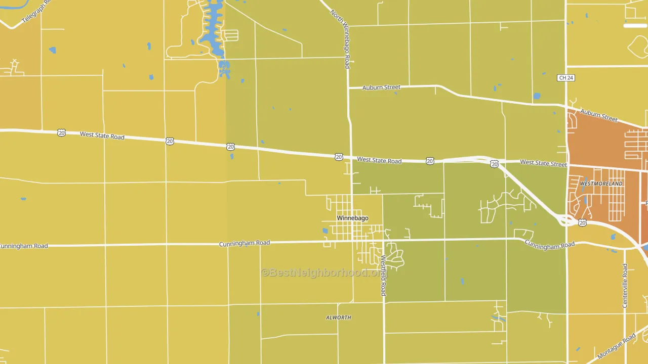Map of the best neighborhoods in the 61088 area, with better matches in green and worse matches in red