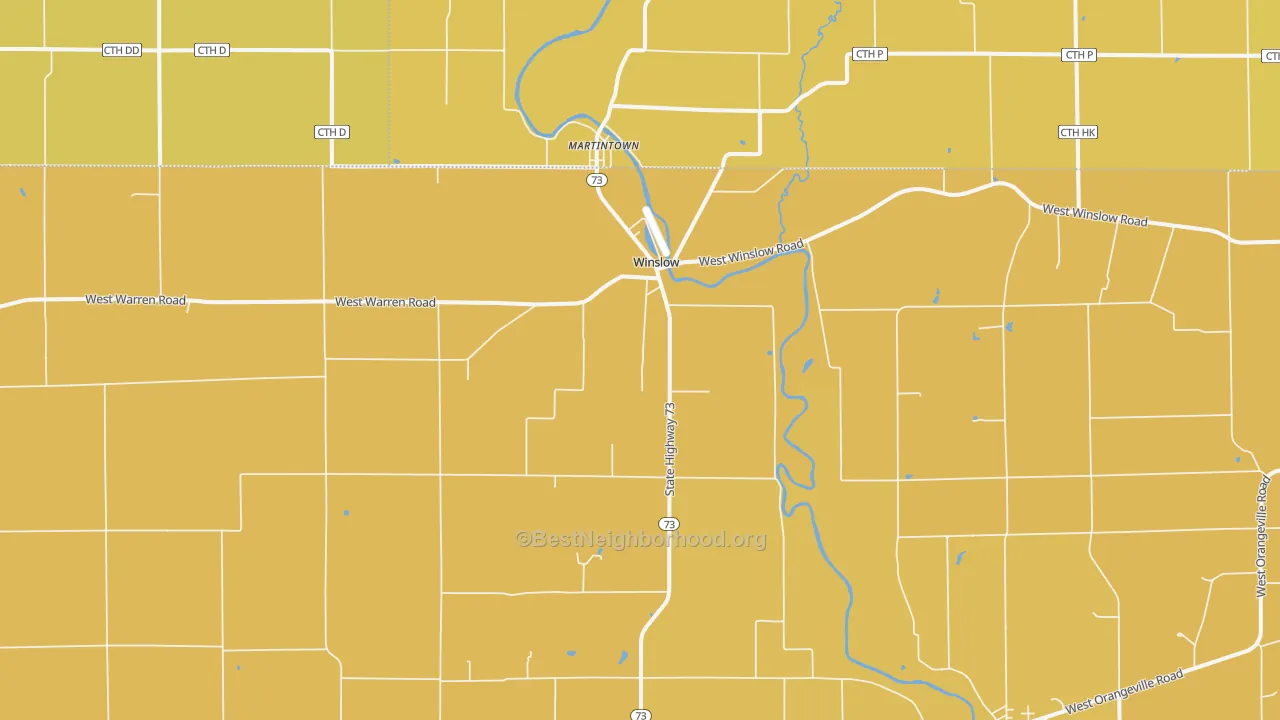Map of the best neighborhoods in the 61089 area, with better matches in green and worse matches in red