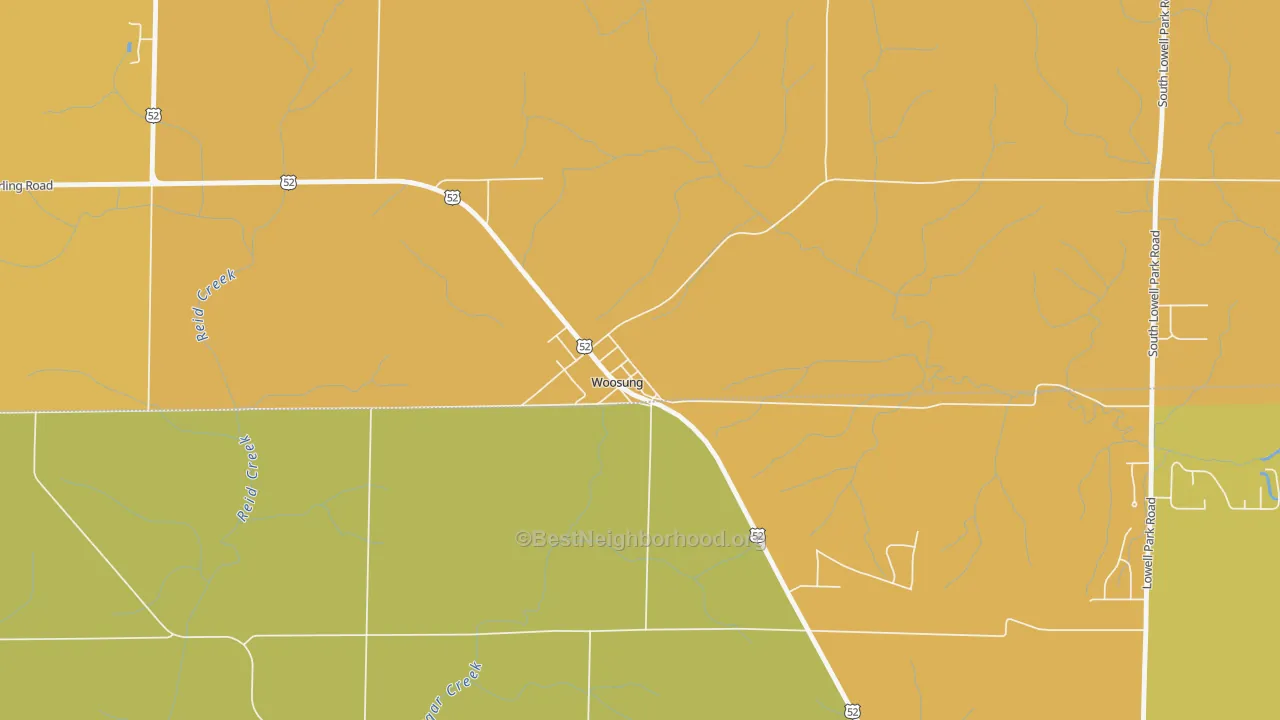 Map of the best neighborhoods in the 61091 area, with better matches in green and worse matches in red