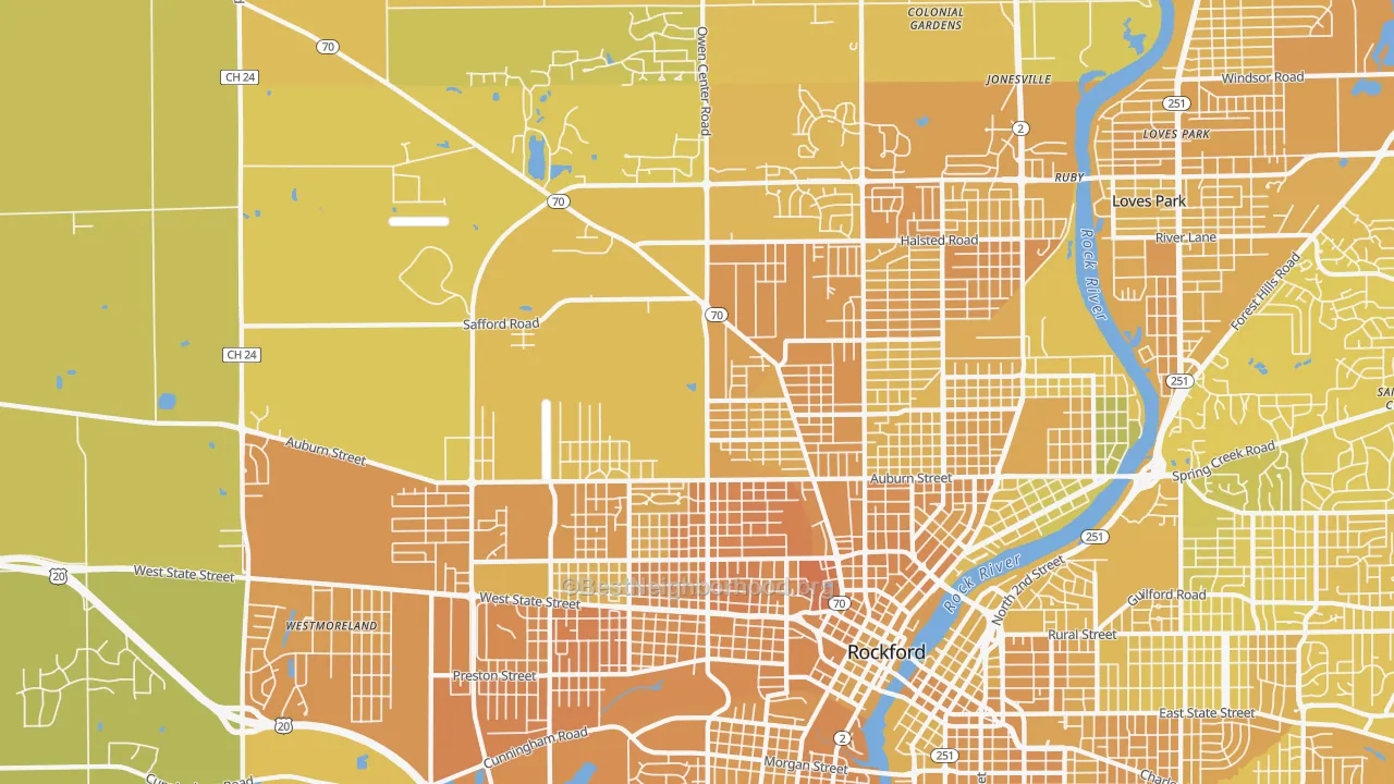 Map of the best neighborhoods in the 61101 area, with better matches in green and worse matches in red