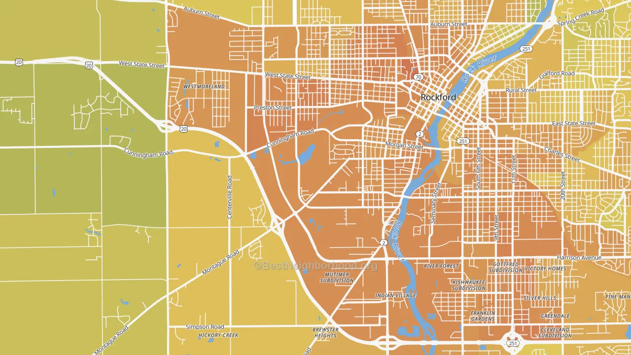 Map of the best neighborhoods in the 61102 area, with better matches in green and worse matches in red