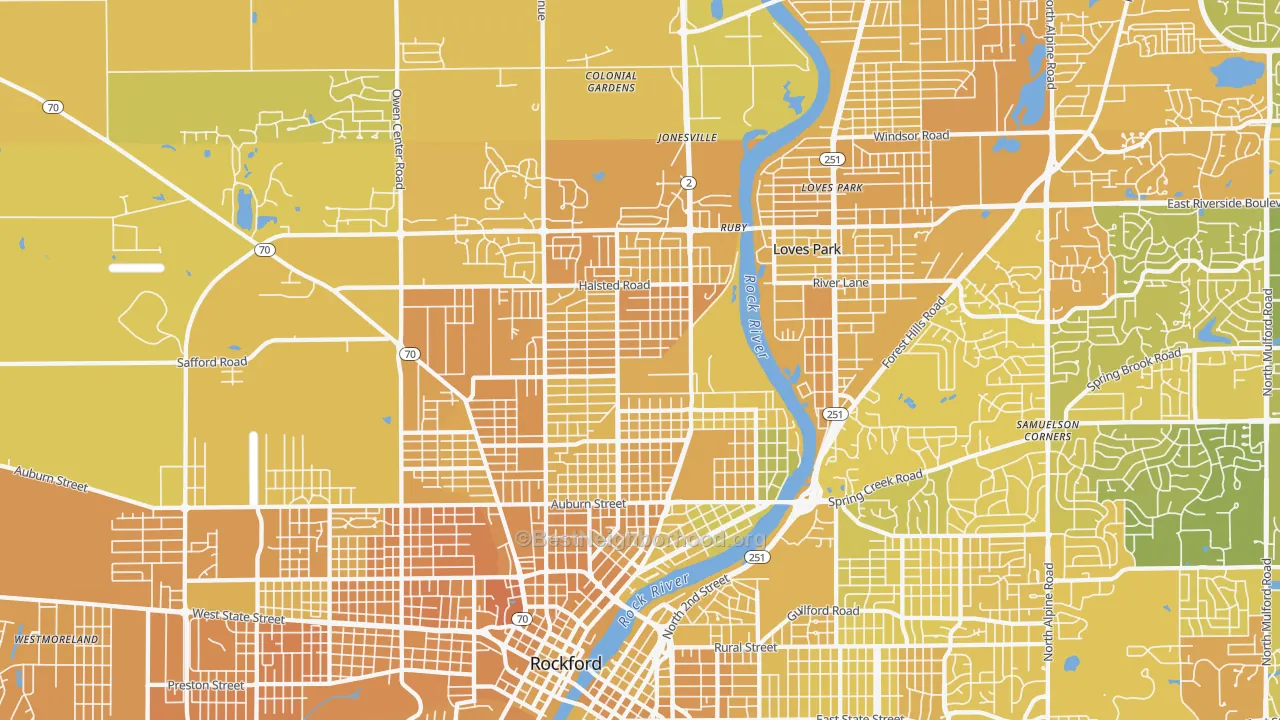 Map of the best neighborhoods in the 61103 area, with better matches in green and worse matches in red