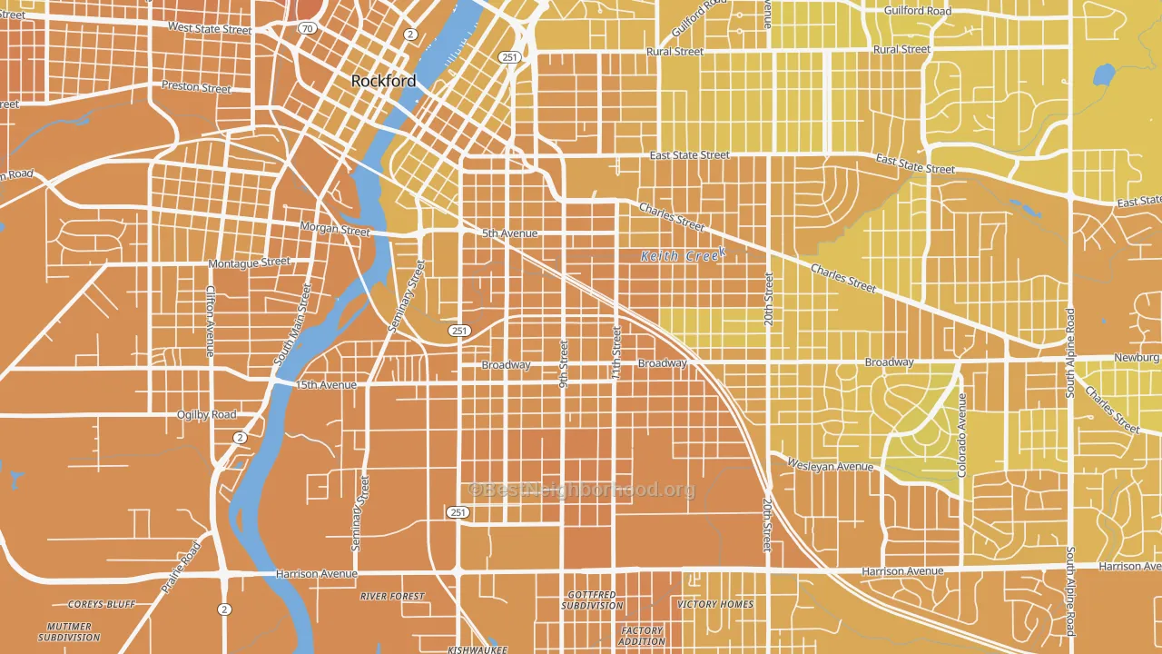 Map of the best neighborhoods in the 61104 area, with better matches in green and worse matches in red